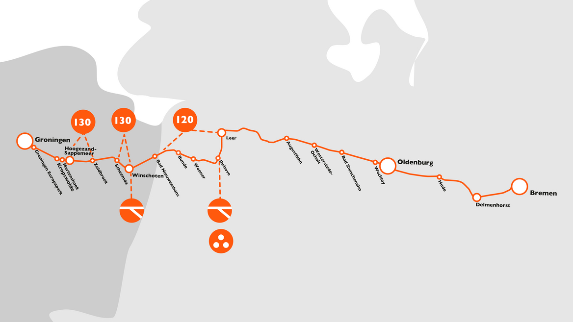 Kaart met snelheidsverhogingen, aanpassingen treinstations/wissels en vernieuwingen seinen op het traject. 