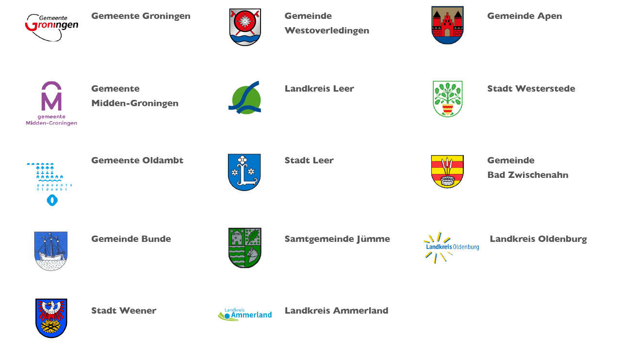 Logo's van Gemeente Groningen, Gemeinde Westoverledingen, Gemeinde Apen, Gemeente Midden-Groningen, Landkreis Leer, Stadt Westerstede, Gemeente Oldambt, Stadt Leer, Gemeinde Bad Zwischenahn, Gemeinde Bunde, Samtgemeinde Jümme, Landkreis Oldenburg, Stadt Weener en Landkreis Ammerland